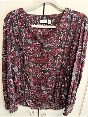 hinge Black Floral Blouse with Red and Purple Motifs